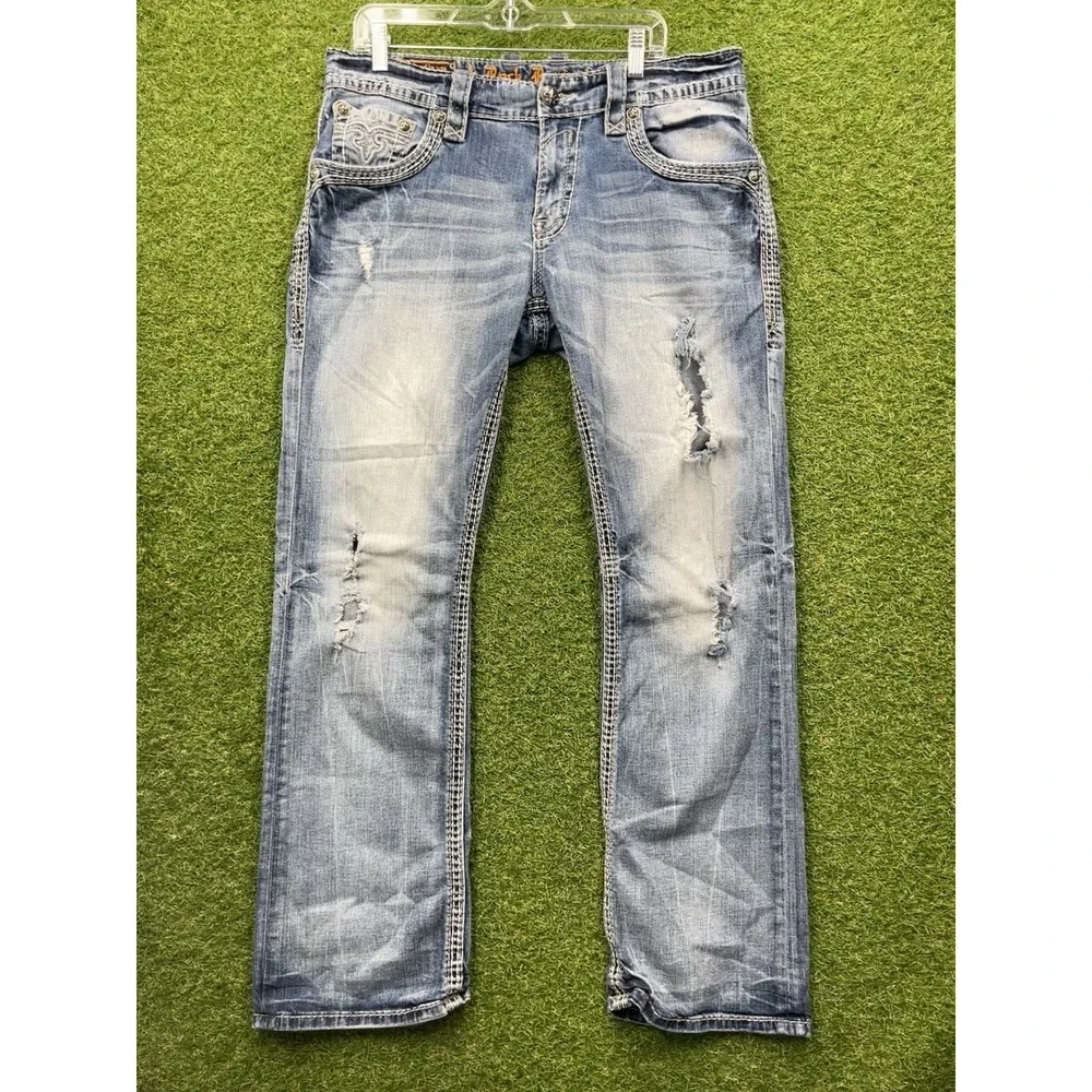 Rock Revival Jeans Mens 36 James Slim Boot Grunge Flap Pocket Medium Wash 0316